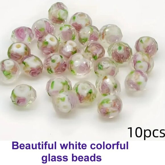 Beautiful white colorful glass beads With Rose Inlay  10 Beads 8mm - Picture 1 of 2